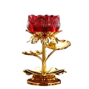 Bougeoir Fleur De Lotus Doré Sur Pied Rouge