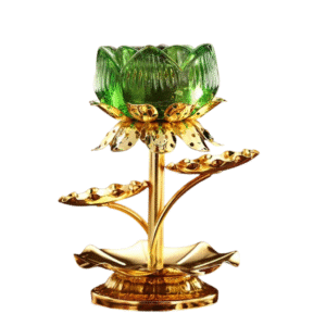 Bougeoir Fleur De Lotus Doré Sur Pied Vert