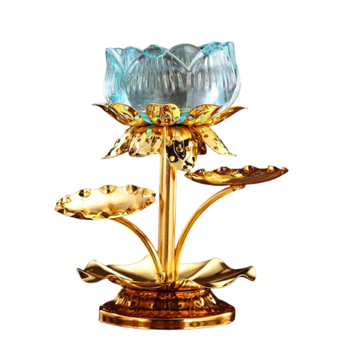 Bougeoir Fleur De Lotus Doré Sur Pied Bleu